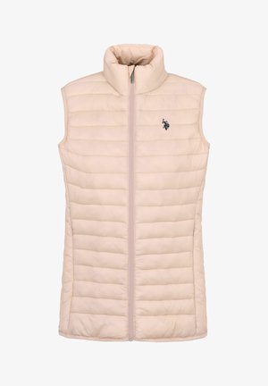 Gewatteerde vest in lichtroze met hoge kraag, volledige rits en horizontale stiksels. Heeft een klein donker logo aan de linkerkant.