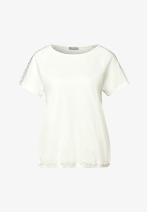 Bílý krátký rukáv top s kulatým výstřihem, s detailním síťovaným materiálem na ramenech a nařaseným lemem, vyrobený z měkké, lehké tkaniny.