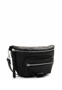 Borsa a tracolla nera in pelle con molteplici tasche con zip, texture liscia, forma rettangolare e tracolla regolabile per un trasporto sicuro.