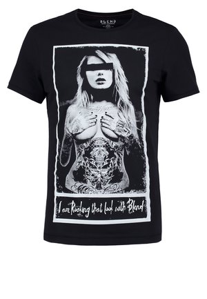 Black T-shirt with a monochrome graphic of a tattooed woman covering her chest, eyes obscured, and text "I am Rocking that look with Blend" below.