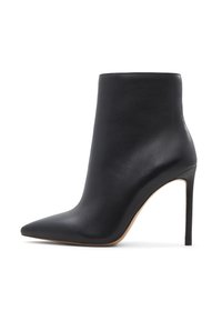 Zwarte leren enkellaarsjes met een spitse neus en hoge stiletto hak. Soepele textuur, minimalistisch ontwerp, slanke silhoeët.