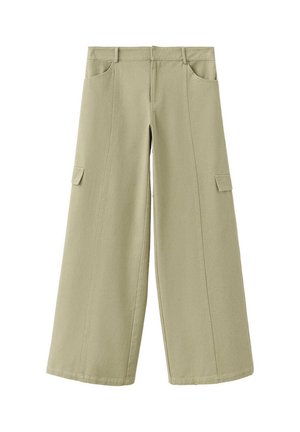 Pantalones de pierna ancha de color beige claro con bolsillos frontales, bolsillos laterales con solapa, trabillas para cinturón y detalles de costura visibles sobre un fondo blanco.