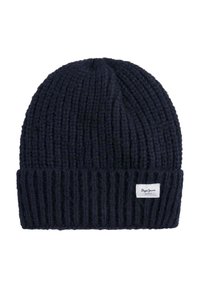 Gorro de punto azul marino, textura acanalada, con vuelta, que presenta una pequeña etiqueta de marca en un lado.