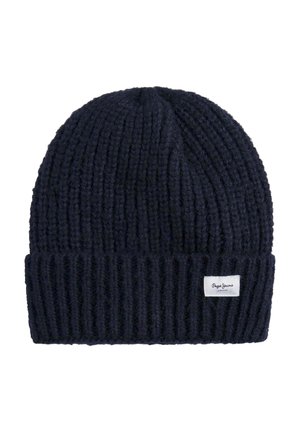 Berretto lavorato a maglia blu navy, con texture a coste, risvolto, caratterizzato da una piccola etichetta con logo sul lato.