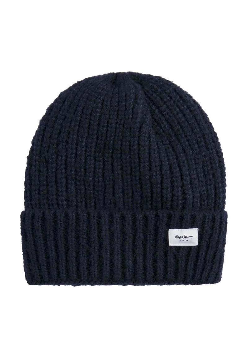 Gorro de punto azul marino, textura acanalada, con vuelta, que presenta una pequeña etiqueta de marca en un lado.