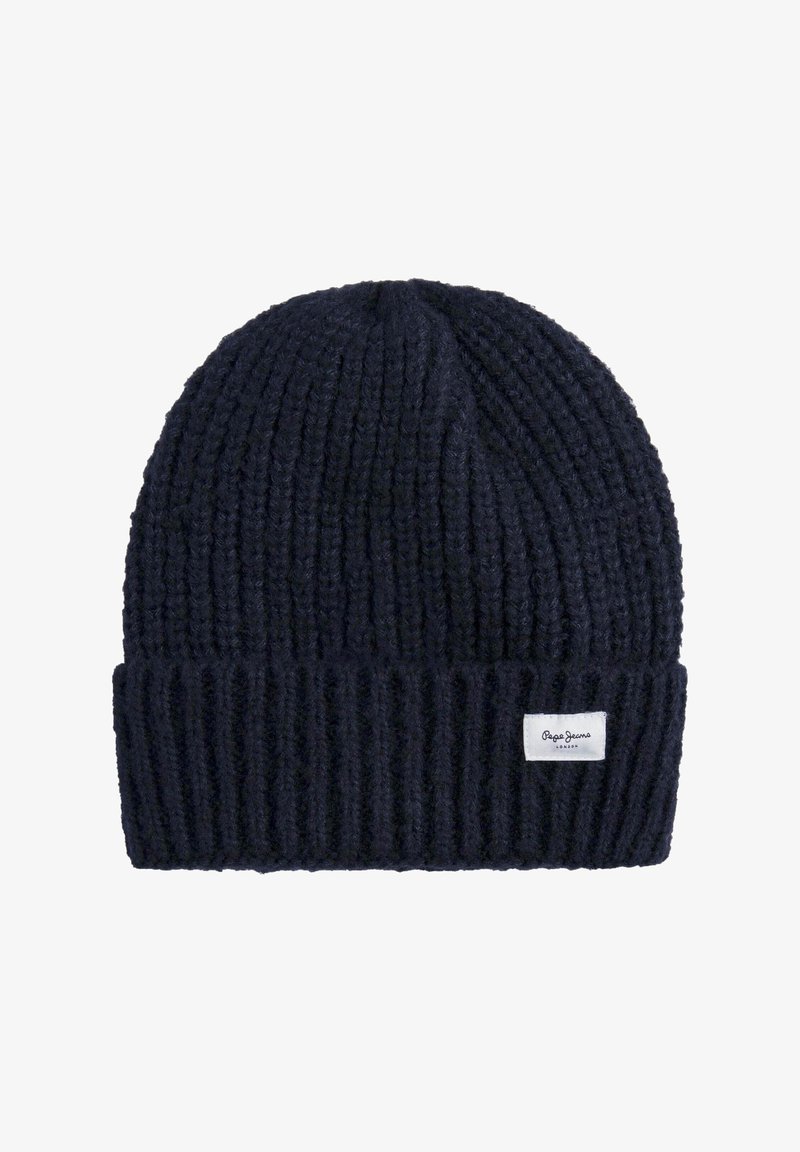 Gorro de punto azul marino, textura acanalada, con vuelta, que presenta una pequeña etiqueta de marca en un lado.