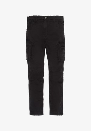 Pantalon cargo noir en coton. Dispose de multiples poches cargo, d'une fermeture à boutons et d'une coupe droite. Durable et polyvalent.