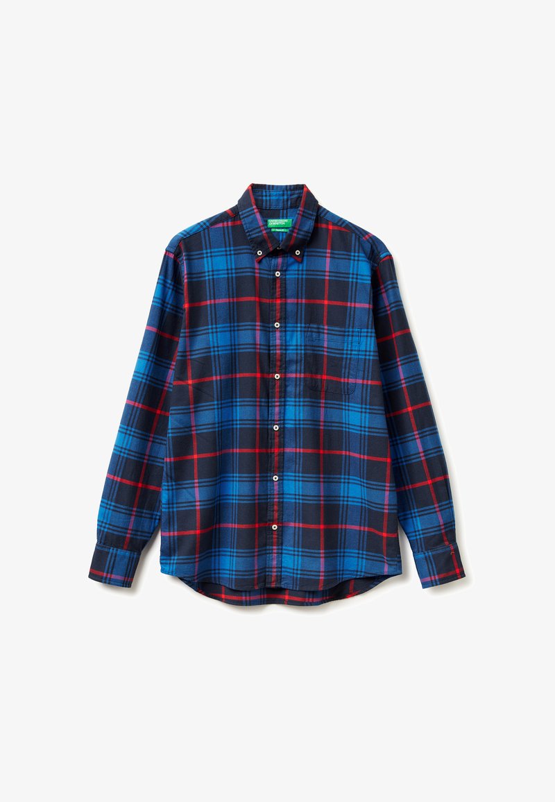Herren Langarm-Hemden im Karomuster in Marineblau, Blau und Rot. Verfügt über einen Button-Down-Kragen, eine Brusttasche und eine weiche Baumwollstoffstruktur.