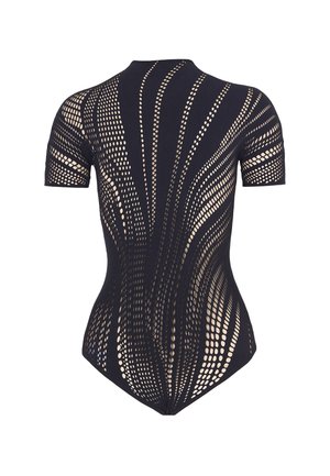 Schwarzer kurzärmeliger Body mit einem Ausschnittmuster, das wellenförmige Linien aus negativem Raum zeigt, weiche Textur und figurschmeichelndes Design.