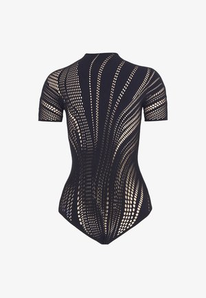 Schwarzer kurzärmeliger Body mit einem Ausschnittmuster, das wellenförmige Linien aus negativem Raum zeigt, weiche Textur und figurschmeichelndes Design.