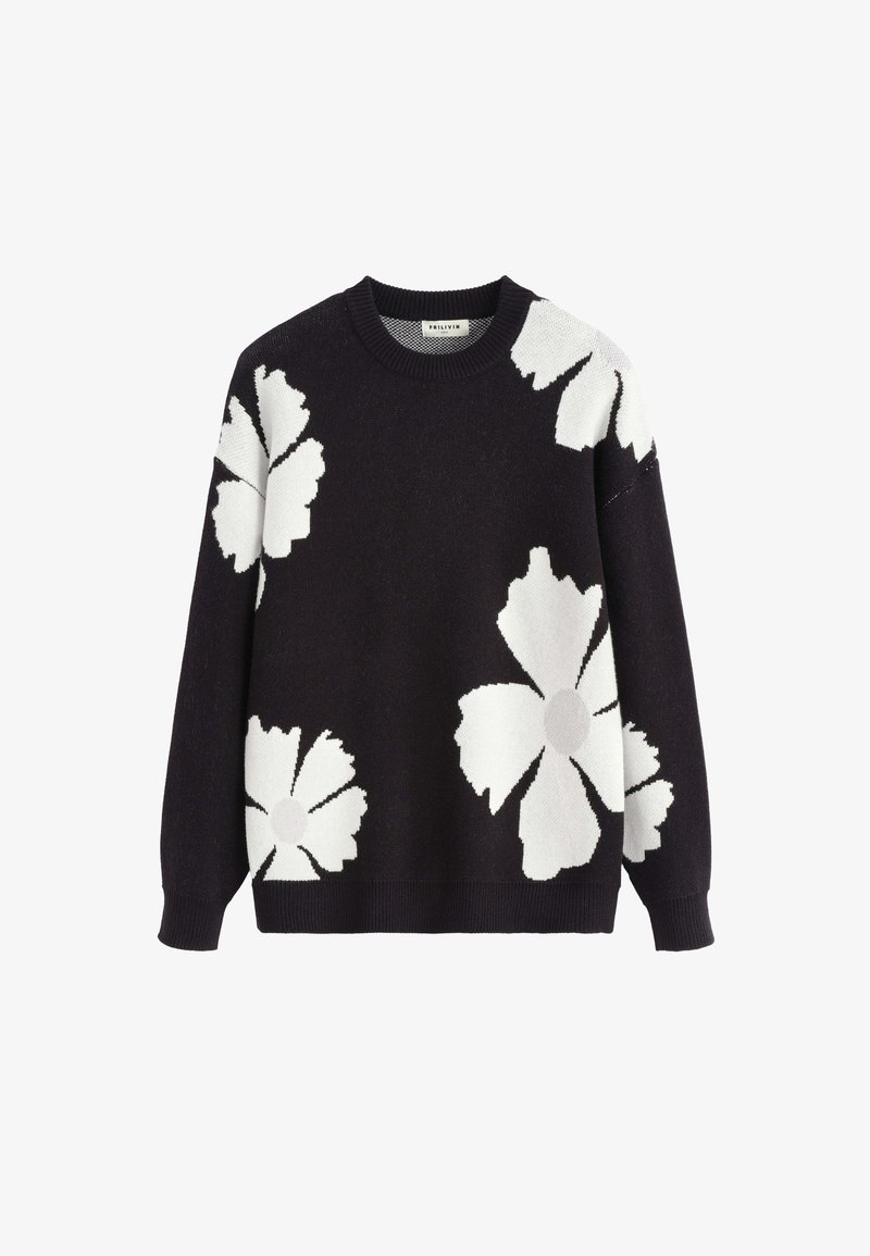 Pull en maille noir avec de grands motifs de fleurs blanches sur le devant, les manches et les épaules, doté d'un col rond et de poignets côtelés.