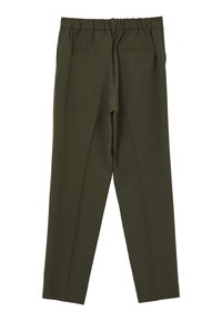 Pantaloni verdi su misura con cintura elastica, due tasche posteriori e design a gamba dritta con dettagli delle cuciture.
