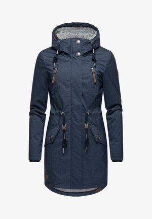 Navy blue parka jacket featuring a textured hood, drawstrings, two zippered pockets, and wooden accents. Soft lining for added warmth.