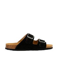 Sandalo slide in suede nero con due cinturini regolabili in argento, fondo in sughero e suola in gomma. Design piatto, stile aperto davanti.