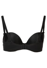 Black padded bra with adjustable straps, seamless design, lace trim along the band, and a hook-and-eye closure at the back.
