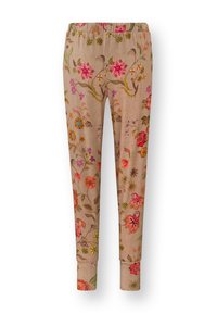 Beige linnen broek met geborduurde bloemenpatronen in roze, rood en blauw; elastische tailleband en taps toelopende boorden.