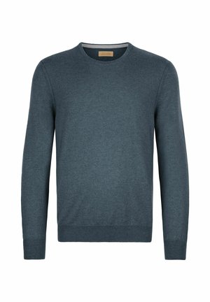 Sweter dzianinowy w ciemnogranatowym kolorze, z okrągłym dekoltem, długimi rękawami oraz ściągaczami na mankietach i dole. Gładka faktura, bez wzorów ani akcentów.