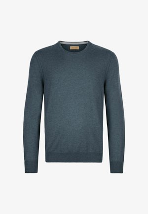 Sweter dzianinowy w ciemnogranatowym kolorze, z okrągłym dekoltem, długimi rękawami oraz ściągaczami na mankietach i dole. Gładka faktura, bez wzorów ani akcentów.