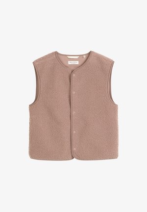 Gilet sans manches en polaire marron clair, boutonné sur le devant, avec un col rond et des bords lisses, étiquette Marc O'Polo, taille 152.