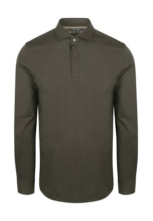 Long-sleeve polo shirt in dark olive green, made from soft cotton. Features a buttoned placket with three buttons and a pointed collar.