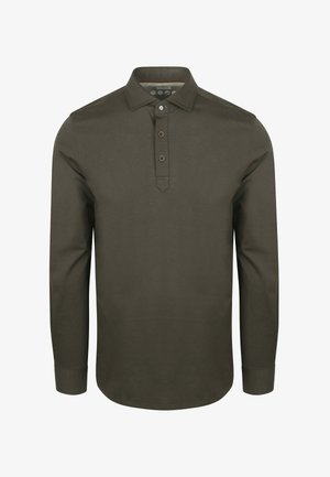 Polo shirt met lange mouwen in donker olijfgroen, gemaakt van zachte katoen. Beschikt over een knoopsluiting met drie knopen en een puntige kraag.