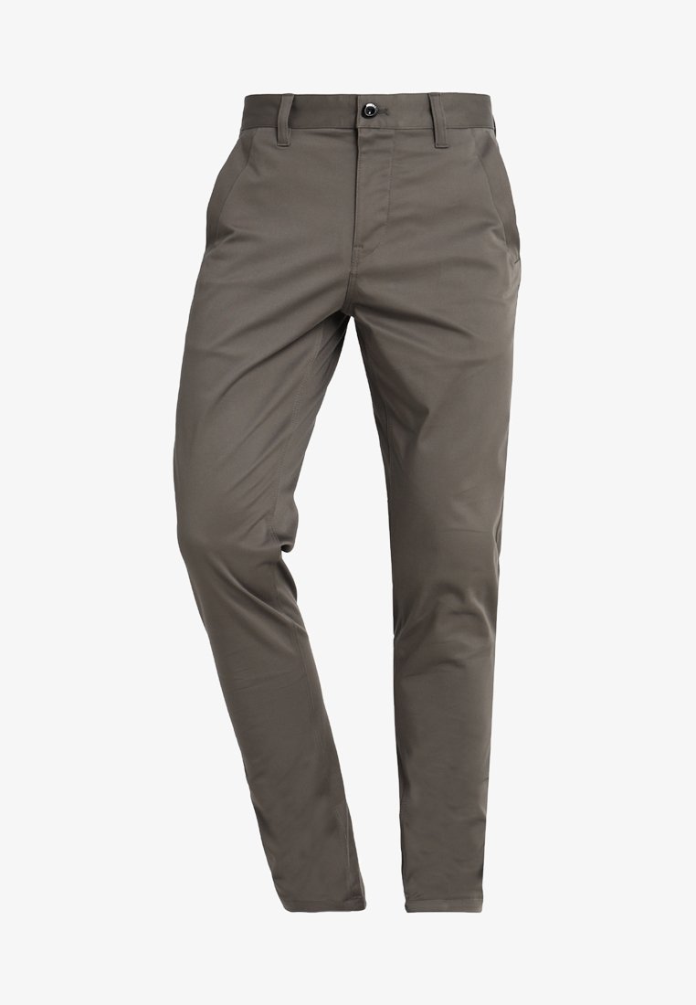 Pantalon habillé gris coupe slim pour hommes, avec passants pour ceinture, bouton sur le devant et poches latérales, présenté sur un fond blanc.