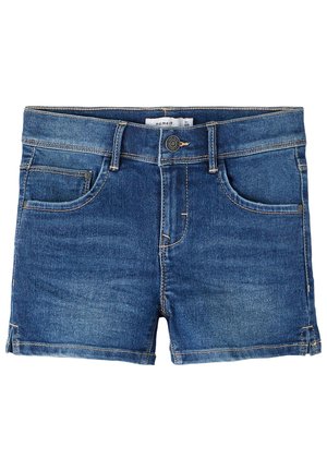 Blauwe denim shorts met voorknop, riemlussen, twee voorzakken en kleine zijsplitten aan de zoom.