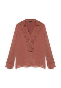 Rimpelblouse in stofkleur rozenkwarts, met een v-hals, knoopsluiting, gestructureerde stof met kleine stippen en uitlopende mouwen.