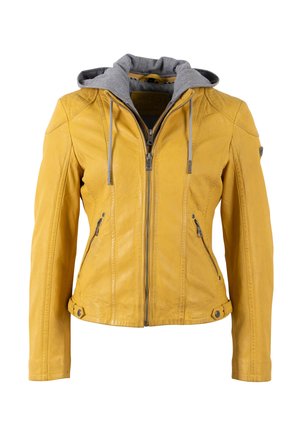 Gelbe Lederjacke mit grauer Kapuze, ausgestattet mit einem Reißverschluss, zwei Seitentaschen und detaillierten Nähten an den Schultern.