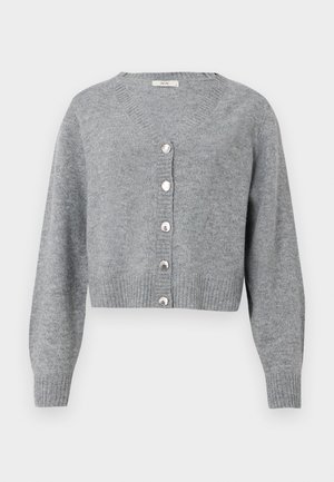 Light grey, long-sleeve cropped cardigan with V-neck, ribbed cuffs and hem, and six pearl-like buttons down the front.