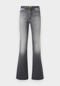 I jeans a palazzo grigi presentano una leggera sfumatura, un emblema dorato sulla vita e uno stile a cinque tasche tradizionale.