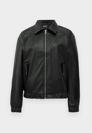 Black faux leather bomber jacket with front zipper, two snap-button flap pockets, elastic cuffs, and a spread collar.