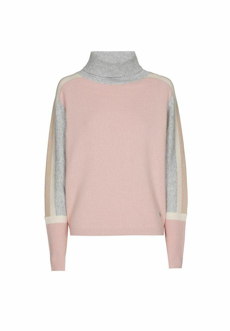 Pull en tricot rose et gris avec un col haut, présentant des rayures contrastantes beige clair et gris sur les manches. Texture côtelée et coupe décontractée.