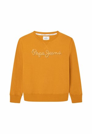 Senfgelber Sweatshirt mit langen Ärmeln, Rippbündchen an Ärmeln und Saum, mit beigem "Pepe Jeans" Schriftzug auf der Brust.