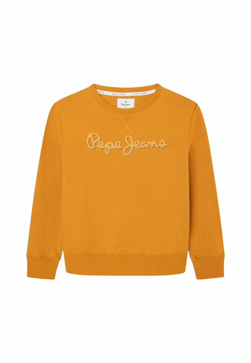 Sweat-shirt à manches longues jaune moutarde avec poignets et ourlet côtelés, arborant le logo script beige "Pepe Jeans" sur la poitrine.