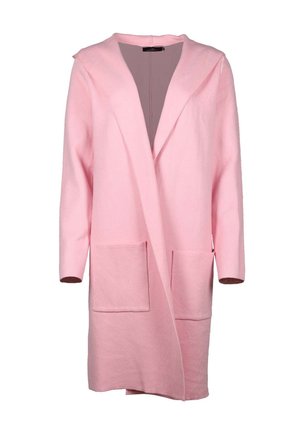 Roze wollen mixjas met een sjawlboord, voorzakken en een ontspannen pasvorm. Heeft lange mouwen en een open voorkant.