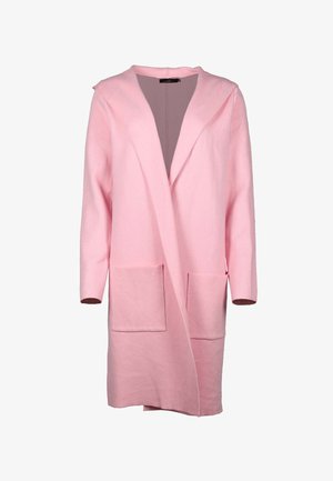 Roze wollen mixjas met een sjawlboord, voorzakken en een ontspannen pasvorm. Heeft lange mouwen en een open voorkant.