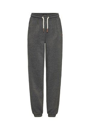 Mørkegrå joggebukser med elastisk midje, hvite snorer, sidelommer og elastiske mansjetter ved ankler.