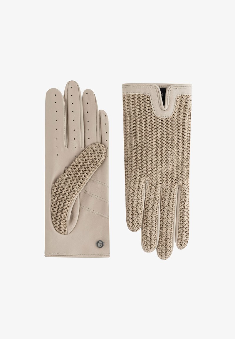 Beige Lederhandschuhe mit einem geflochtenen Netzrücken. Verfügt über Perforationen an den Fingern und ein Logo-Label am Handgelenk. Strukturiertes und leichtes Design.