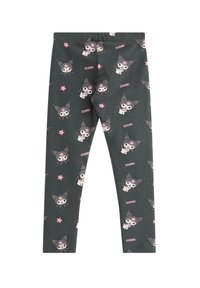 Mørkegrå leggings lavet af blødt stof med et gentaget mønster af en tegneseriefigur og lyserøde stjerner, med "KUROMI" tekst.