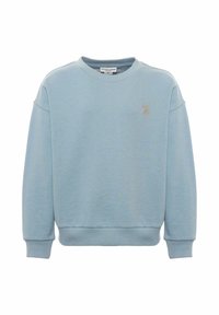 Felpa azzurra chiara realizzata in morbido misto cotone. Presenta polsini a coste, scollatura tondeggiante e un logo ricamato sottile sul petto.