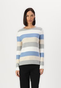 Strikket genser med horisontale striper i blått, beige og grått. Har en rund halslinning og lange ermer, med en myk tekstur.