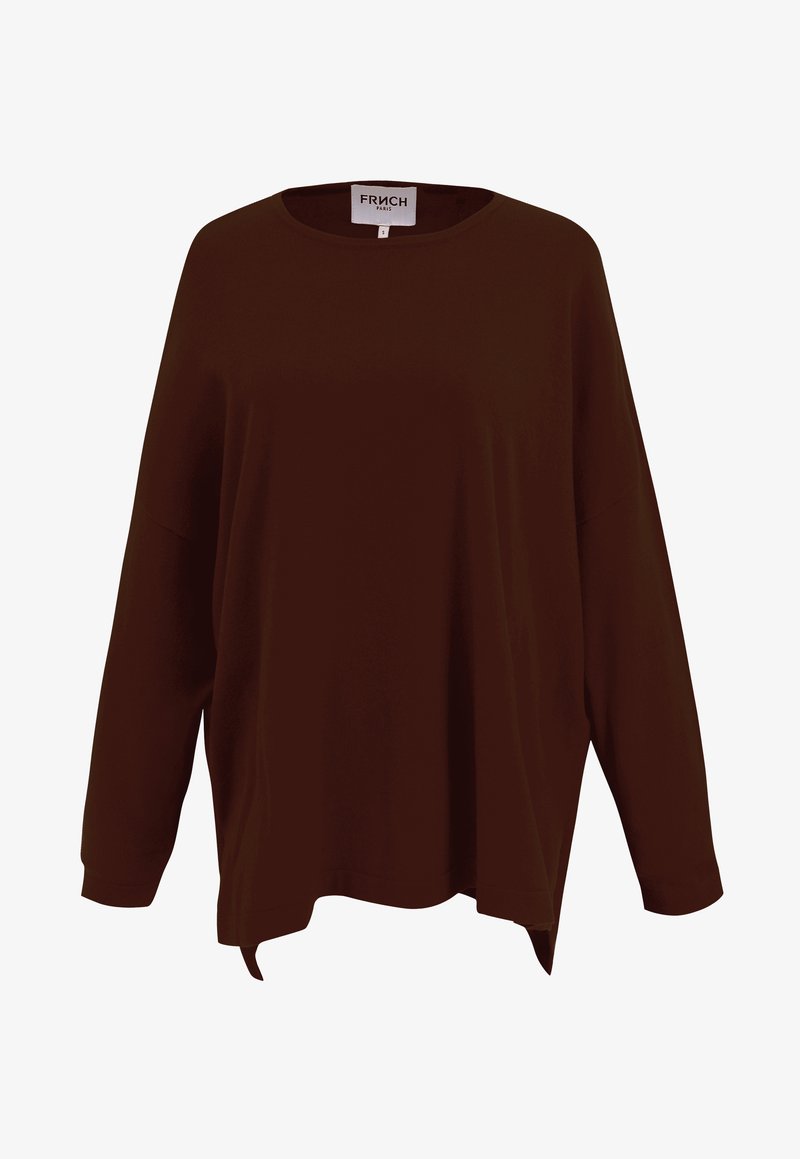 Brun långärmad skjorta med rund halsringning, lös passform, sidokilar och en märklabel vid nacken. Mjuk textur, minimalistisk design.