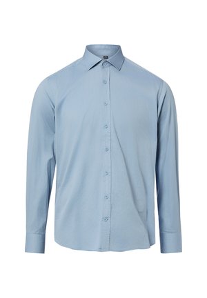 Hellblaues Herrenhemd mit langen Ärmeln, Knopfleiste vorne und spitzem Kragen, auf weißem Hintergrund dargestellt.
