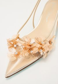 Scarpa con tacco alto trasparente e punta a punta, con fiori metallici dorati e dettagli in strass sul davanti. Soletta beige morbido.
