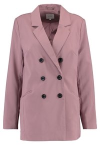 Różowa marynarka podwójnie zapinana, wykonana z gładkiego materiału, z dwoma poziomymi kieszeniami i czarnymi guzikami do zapięcia oraz akcentu.