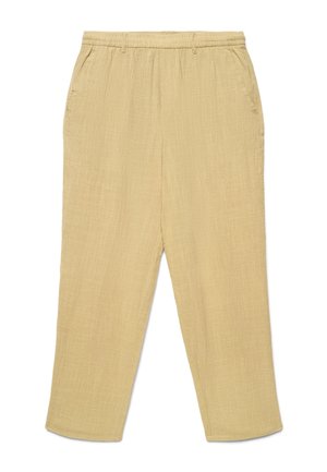 Pantaloni in tessuto beige testurizzato con vita elastica e tasche laterali, caratterizzati da una vestibilità rilassata a gamba dritta.