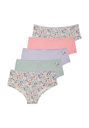 Fünf Damen-Hipster-Slips in Pastellrosa, Lila, Grün und mit Blumenmuster, jeweils mit einer kleinen Schleife oder einem Blumenmotiv am Bund.