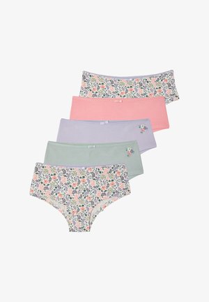 Five women’s hipster briefs in pastel pink, purple, green, and floral patterns, each with small bow or floral detail on the waistband.