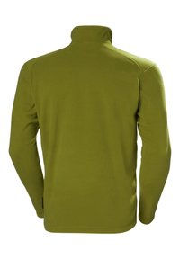 Polarowy pulower w oliwkowym odcieniu, z długimi rękawami, wysokim kołnierzem oraz gładką, miękką teksturą, z minimalną ilością szwów i prostym dołem.